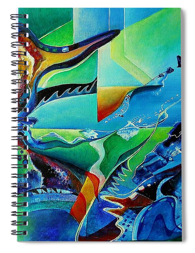 Abstract Acrylic Spiral Notebook featuring the painting mindscape no.2-Improvisation Saxophone and Piano by Wolfgang Schweizer