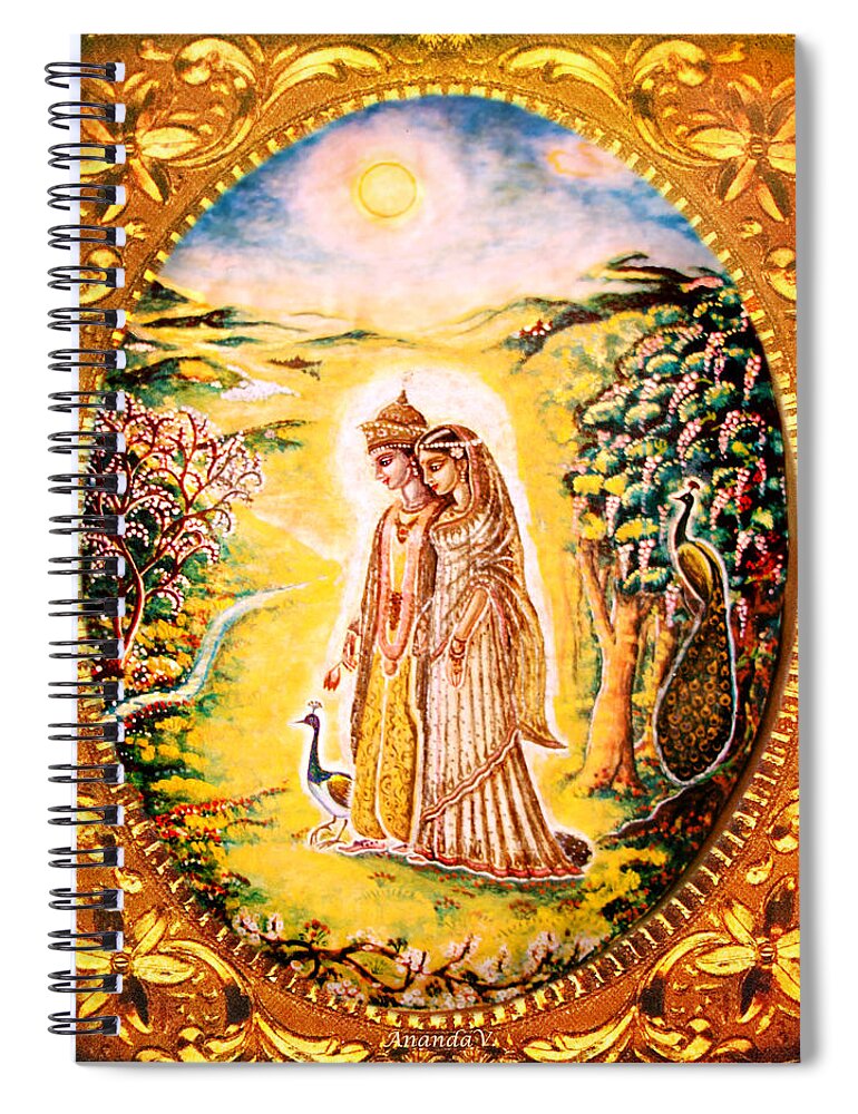 Krishna Print Spiral Notebook featuring the mixed media Miniature Rukmini-Krishna by Ananda Vdovic