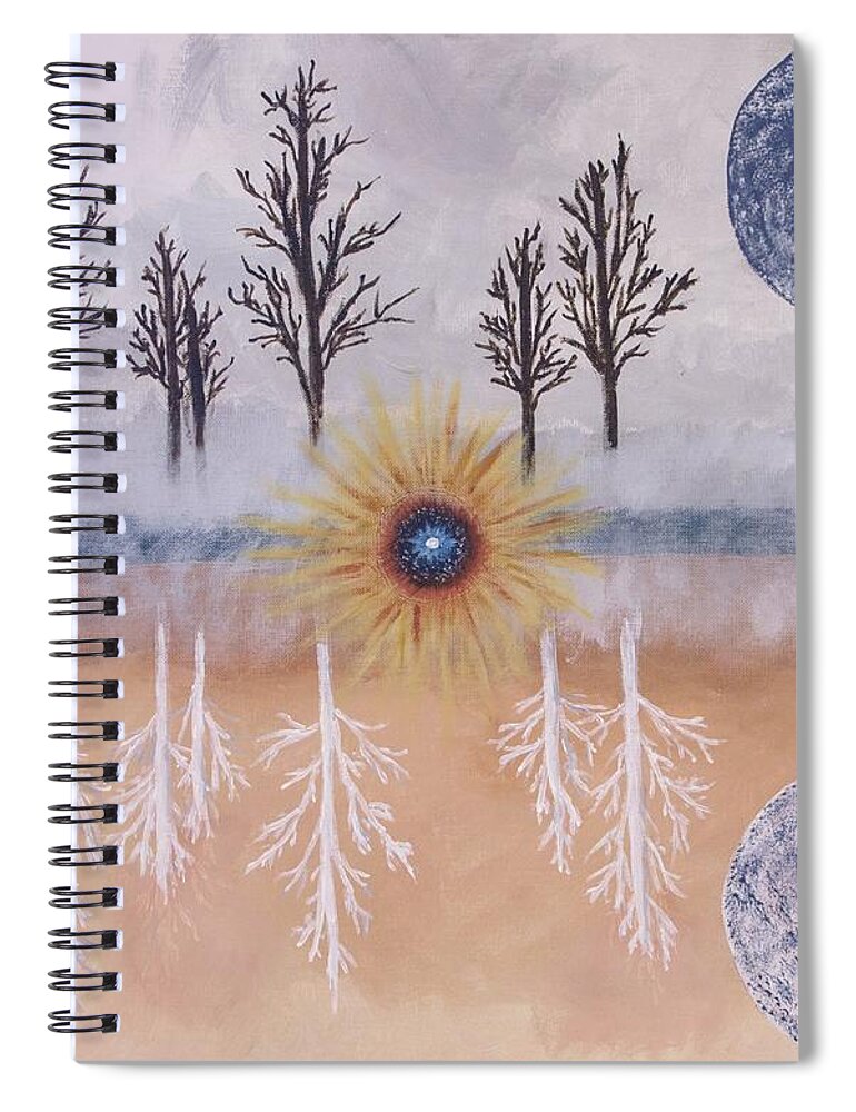 Moons Spiral Notebook featuring the painting Mirrored Worlds by Cynthia Morgan