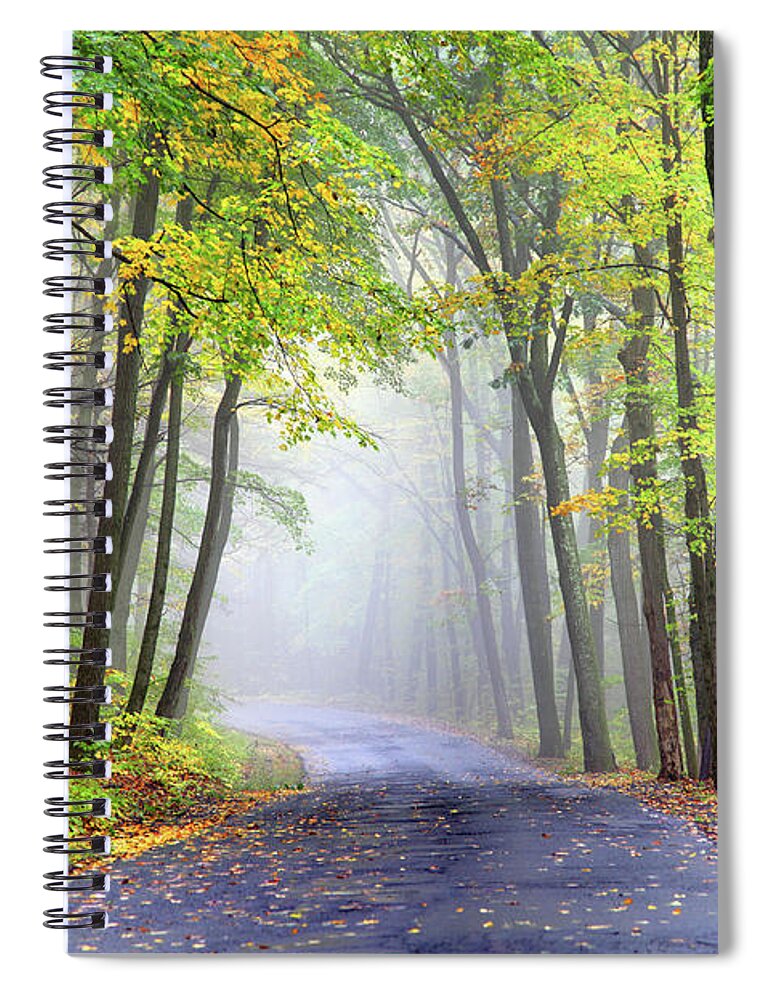 Scenics Spiral Notebook featuring the photograph Misty Autumn Road by Denistangneyjr