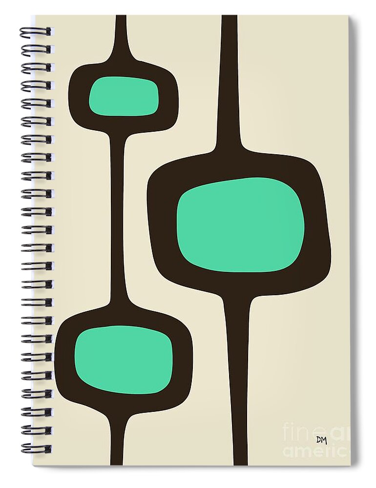Mid Century Modern Spiral Notebook featuring the digital art Mod Pod Three Aqua with Brown by Donna Mibus