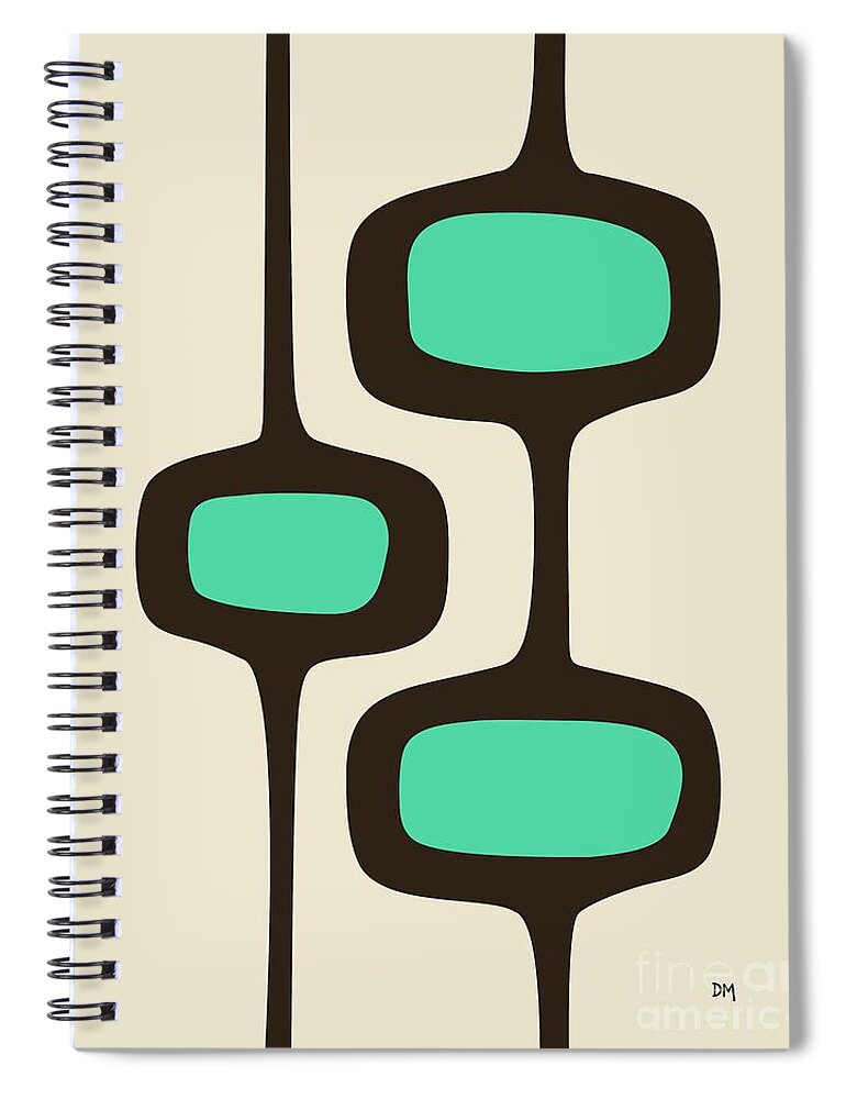 Mid Century Modern Spiral Notebook featuring the digital art Mod Pod Two Aqua with Brown by Donna Mibus