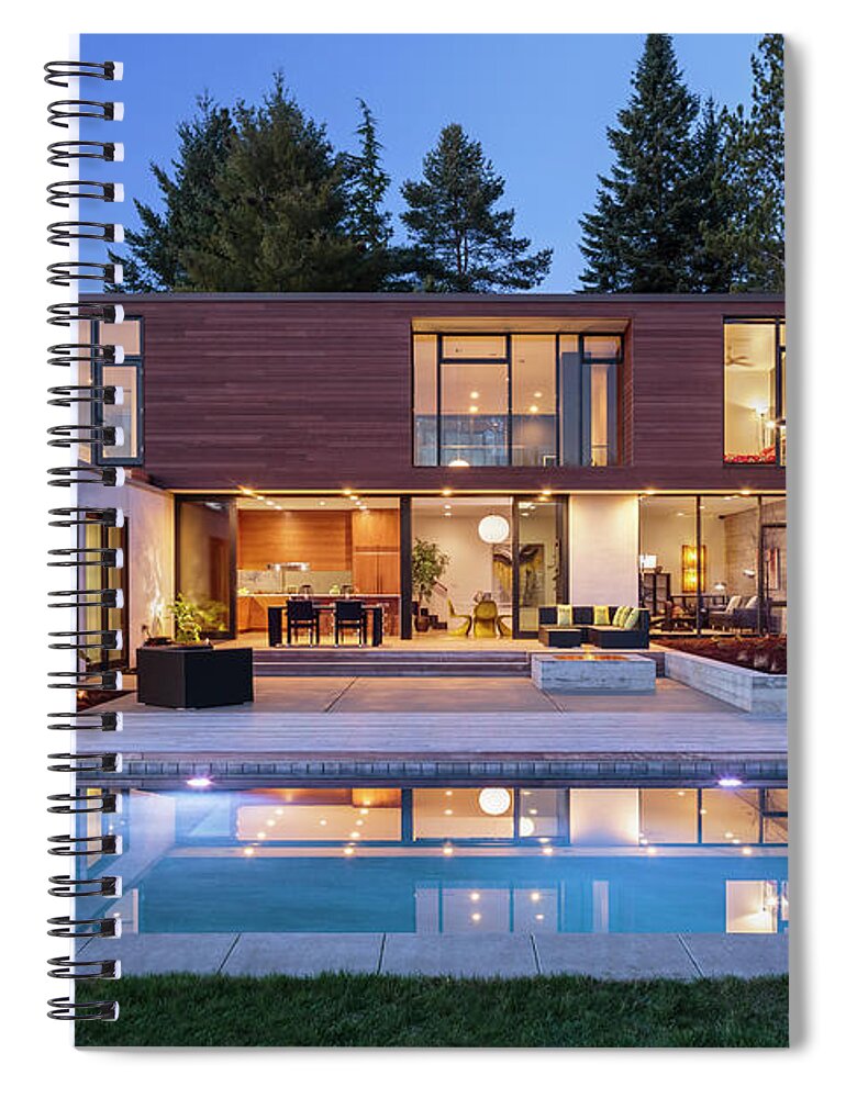 Swimming Pool Spiral Notebook featuring the photograph Modern Home Exterior Taken At Twilight by David Papazian