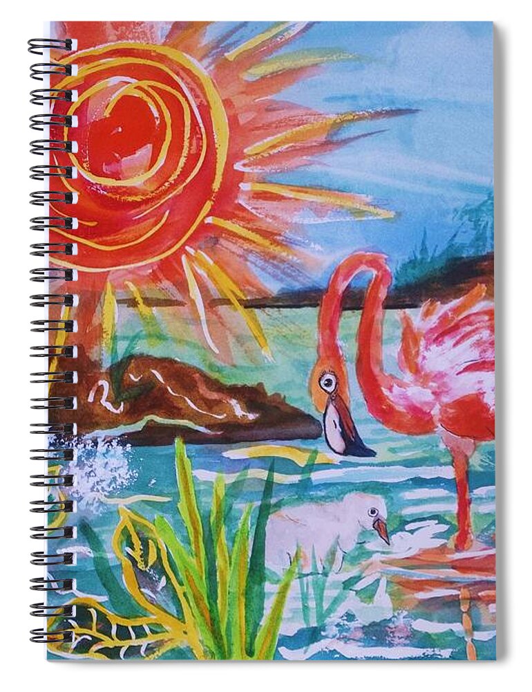 Pink Flamingo Spiral Notebook featuring the painting Momma and Baby Flamingo Chillin In A Blue Lagoon by Ellen Levinson