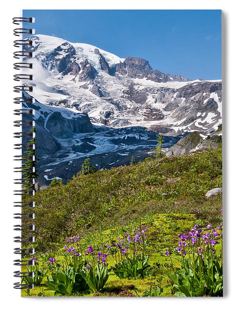 Alpine Spiral Notebook featuring the photograph Moss and Shooting Star on the Nisqually Moraine by Jeff Goulden