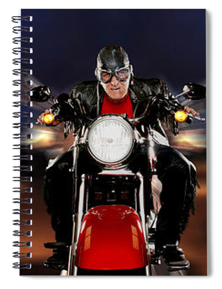 Photography Spiral Notebook featuring the photograph Motorcycle Rider Between Two Semi Trucks by Panoramic Images