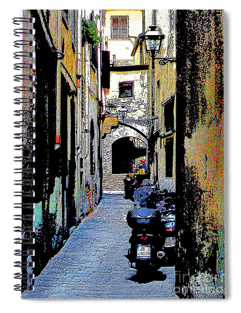 Florence Spiral Notebook featuring the digital art Motorcyle in Florence Alley by Jennie Breeze