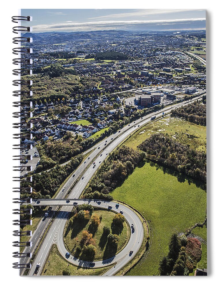 Suburb Spiral Notebook featuring the photograph Motorway Splitting City From Farmland by Sindre Ellingsen