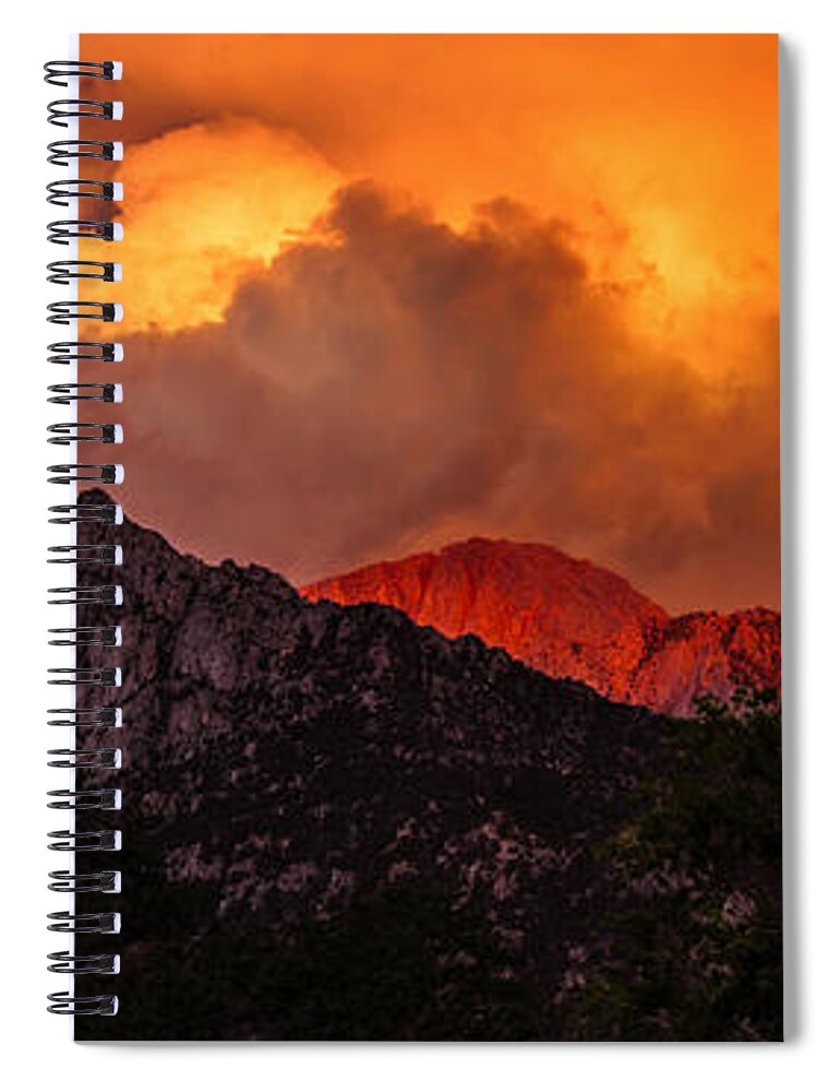 Mountain Top Sunrise With Orange Dramatic Storm Clouds Fine Art Photography Print Spiral Notebook featuring the photograph Mountain Top Sunrise With Orange Dramatic Storm Clouds by Jerry Cowart