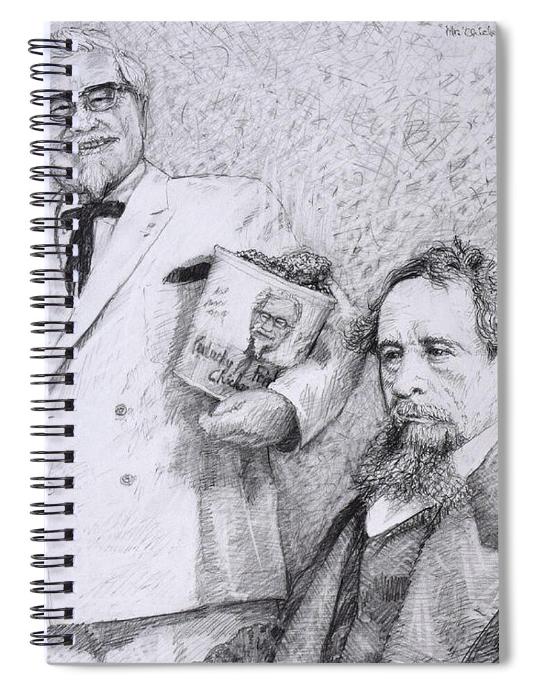 Charles Dickens Spiral Notebook featuring the drawing Mr Chicken and Mr Dickens by James W Johnson