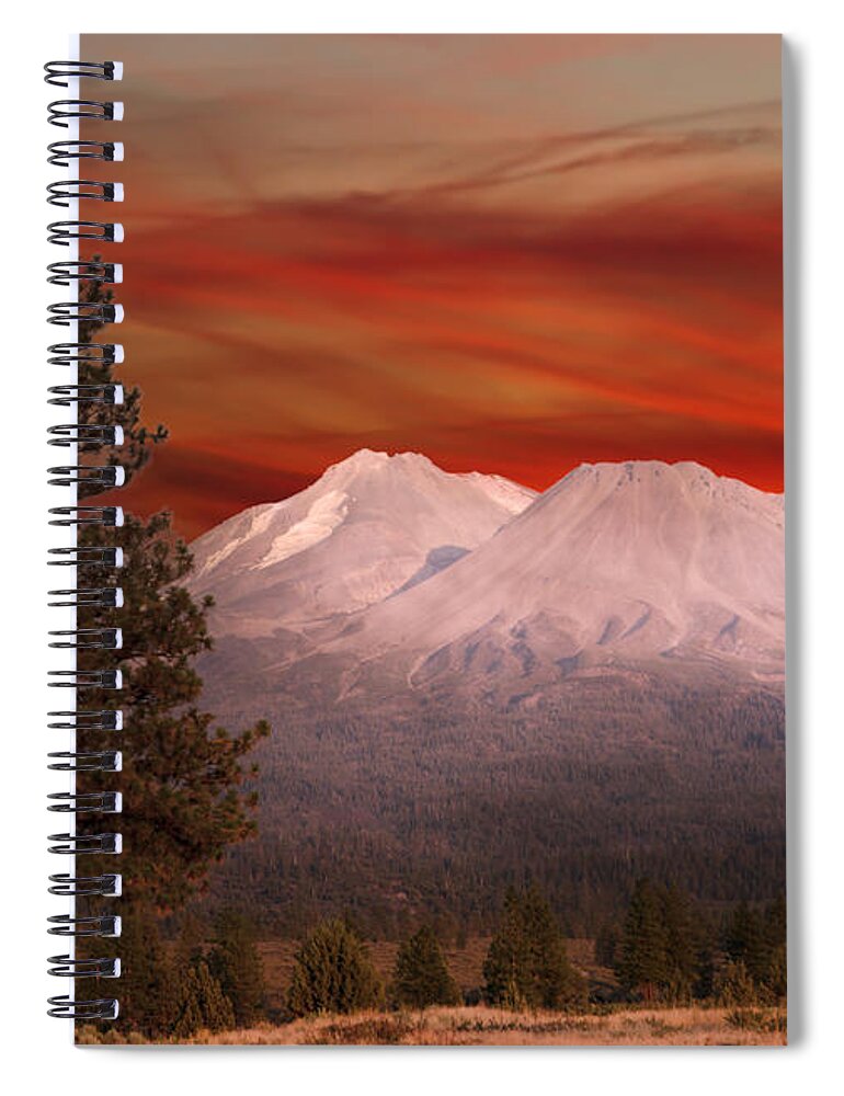Mt Shasta Fire In The Skym Mountains Spiral Notebook featuring the photograph Mt Shasta Fire in the Sky by Randall Branham