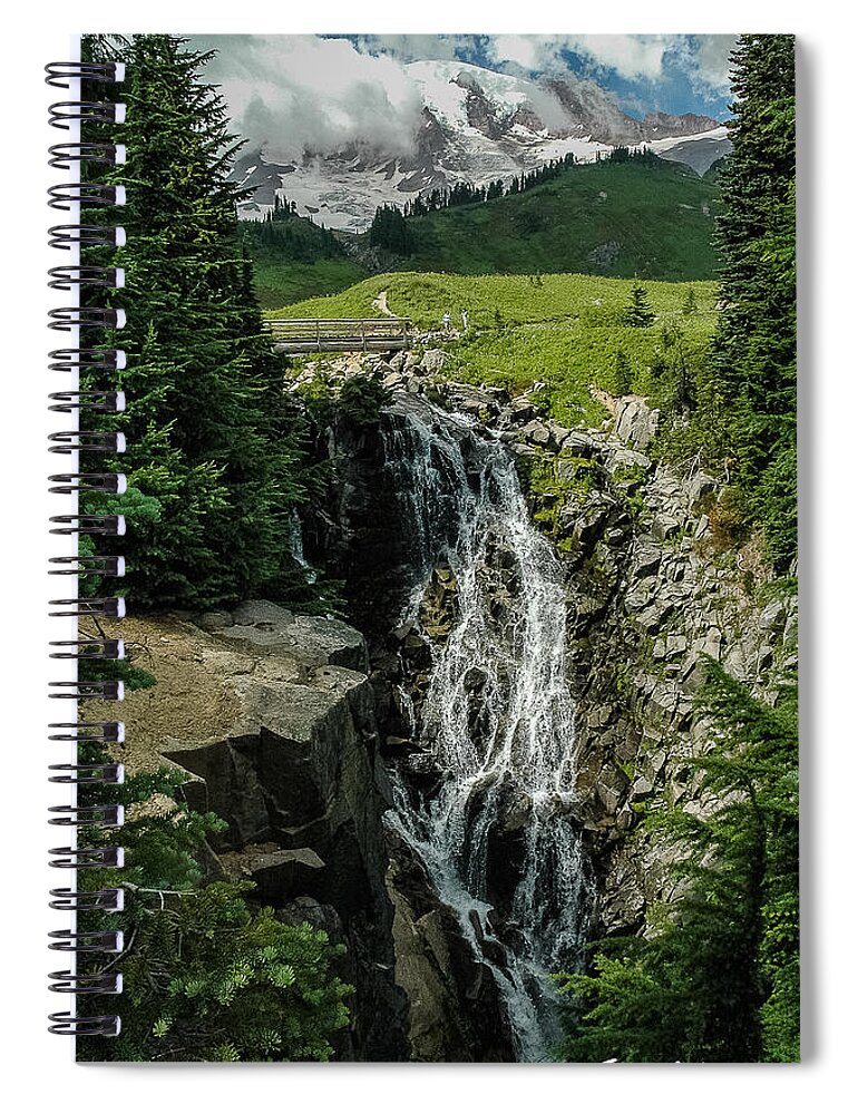 Mount Rainier Spiral Notebook featuring the photograph Myrtle Falls in Front of Mt. Rainier by Joan Wallner
