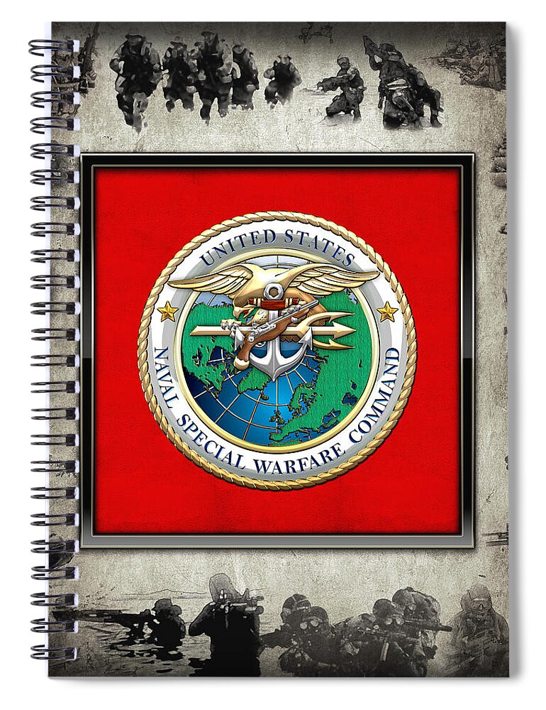 'military Insignia & Heraldry - Nswc' Collection By Serge Averbukh Spiral Notebook featuring the digital art Naval Special Warfare Command - N S W C - Emblem over Navy SEALs Collage by Serge Averbukh