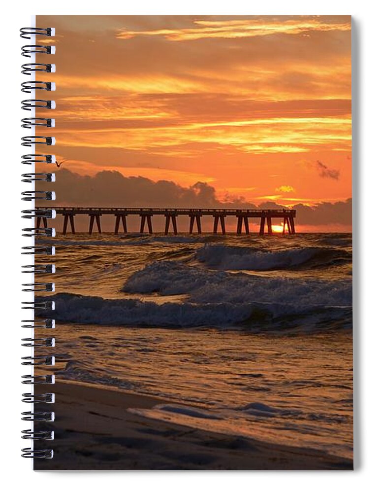 Navarre Pier Spiral Notebook featuring the photograph Navarre Pier at Sunrise with Waves by Jeff at JSJ Photography