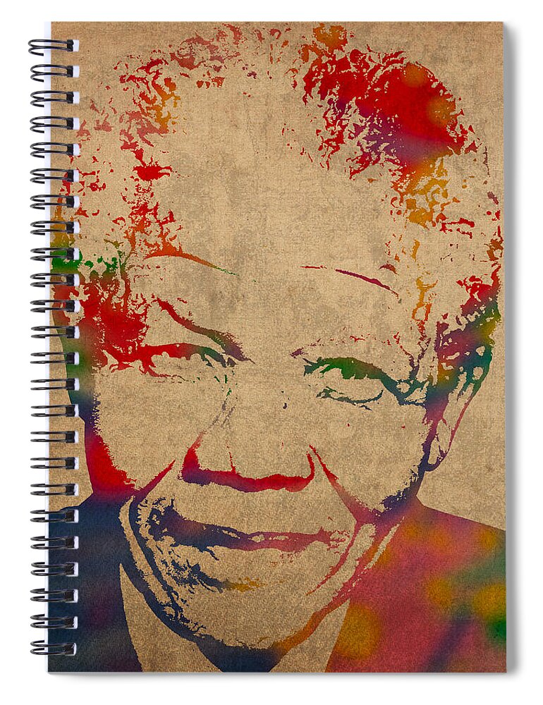 Nelson Spiral Notebook featuring the mixed media Nelson Mandela Watercolor Portrait on Worn Distressed Canvas by Design Turnpike