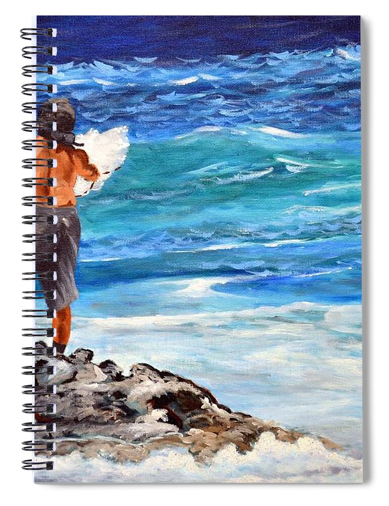 Seascape Spiral Notebook featuring the painting Net Fishing by Larry Geyrozaga