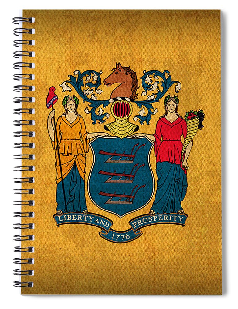 New Jersey State Flag Art On Worn Canvas Hoboken Pasaic Trenton Elizabeth City Patterson Spiral Notebook featuring the mixed media New Jersey State Flag Art on Worn Canvas by Design Turnpike