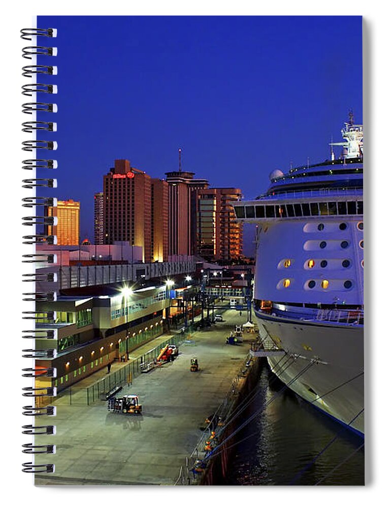 New Orleans Spiral Notebook featuring the photograph New Orleans Skyline with the Voyager of the Seas by Jason Politte