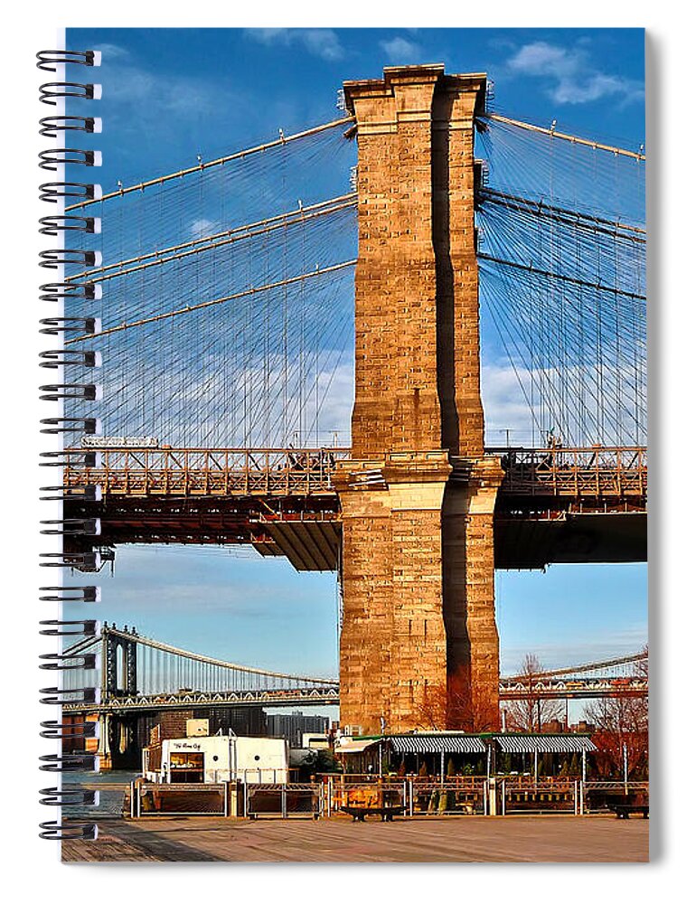 Amazing Brooklyn Bridge Photos Spiral Notebook featuring the photograph New York Bridges Lit by Golden Sunset by Mitchell R Grosky