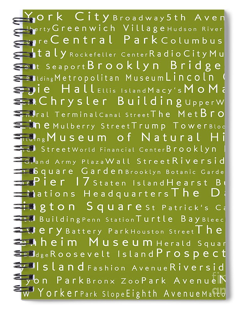 City Spiral Notebook featuring the photograph New York City in Words Olive by Sabine Jacobs