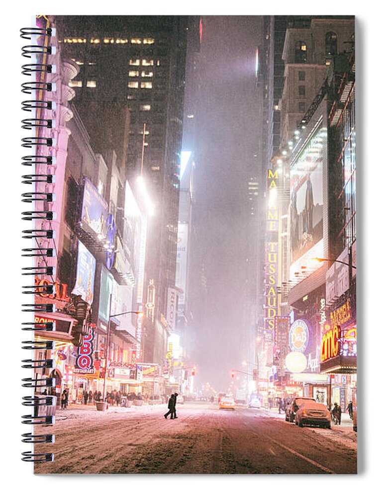 New York City Spiral Notebook featuring the photograph New York City - Winter Night - Times Square in the Snow by Vivienne Gucwa