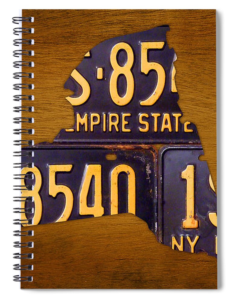 New York City Spiral Notebook featuring the mixed media New York State License Plate Map - Empire State Orange Edition by Design Turnpike