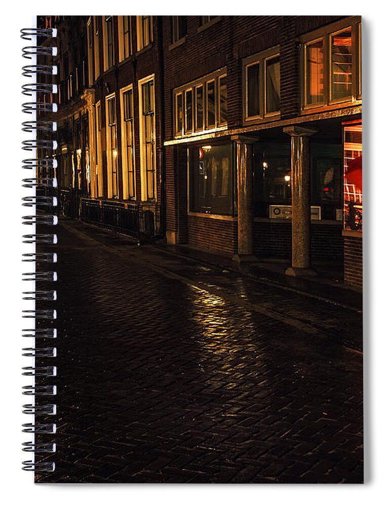 Netherlands Spiral Notebook featuring the photograph Night Lights of Utrecht. Orange Umbrella. Netherlands by Jenny Rainbow