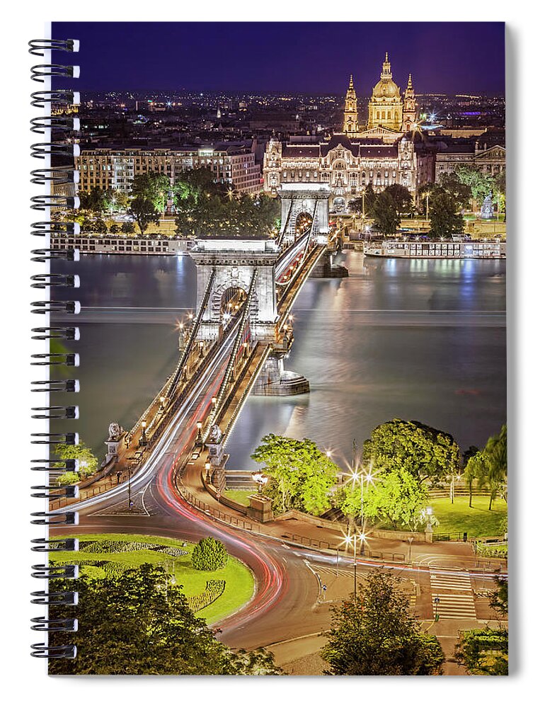 Built Structure Spiral Notebook featuring the photograph Night View Of Pest From Buda Hill by All Rights Reserved - Copyright