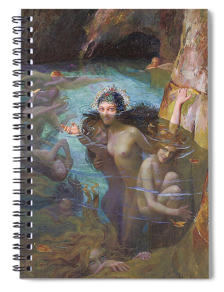 Nymphs At A Grotto Spiral Notebook featuring the digital art Nymphs At A Grotto by Gaston Bussiere