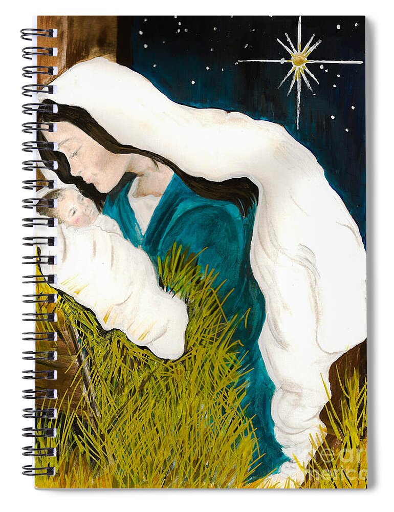 Mary And Baby Jesus Spiral Notebook featuring the painting Mary and Baby -O Holy Night -birth of Jesus by Jan Dappen