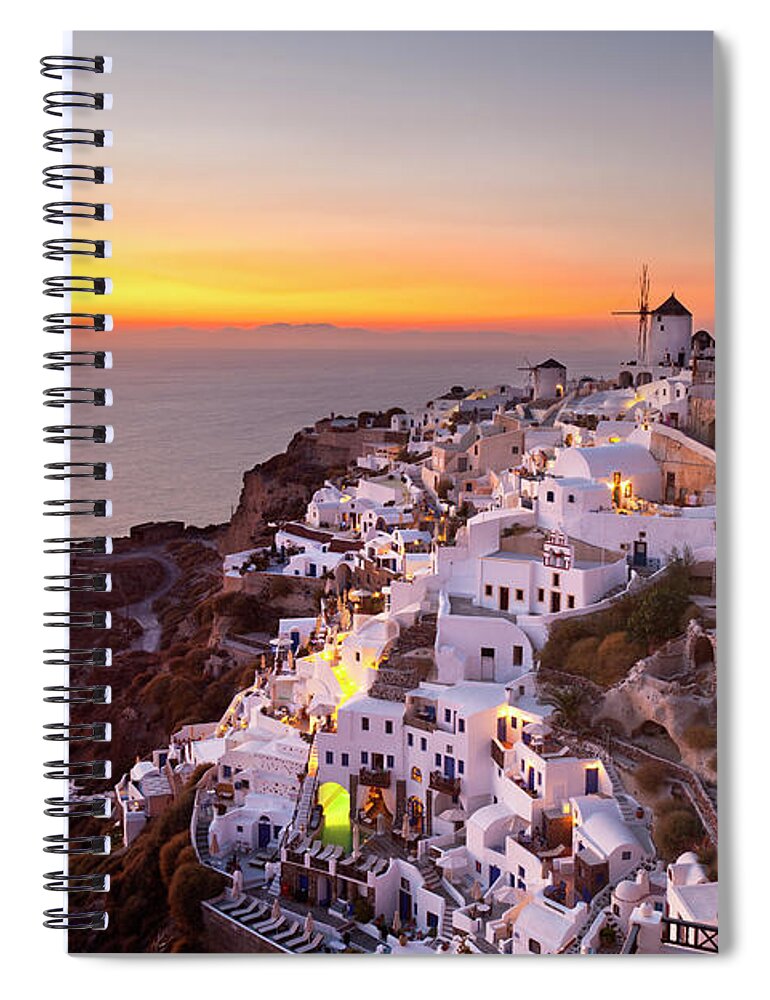 Greek Culture Spiral Notebook featuring the photograph O&237a Windmills At Dusk, Santorini by Michaelutech