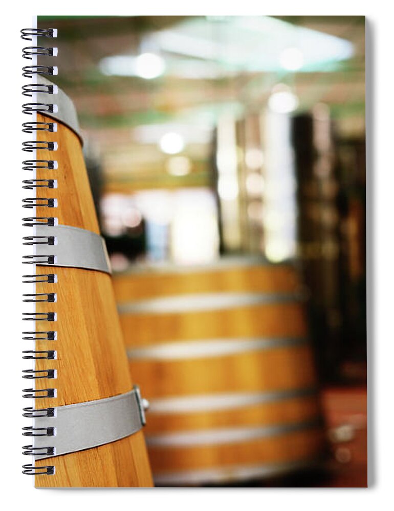Alcohol Spiral Notebook featuring the photograph Oak Barrels And Winemaking Equipment In by Rapideye