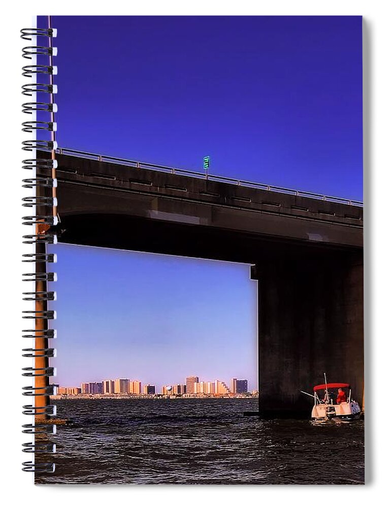 Skyline Spiral Notebook featuring the photograph O.C. Bridge n Skyline by Robert McCubbin
