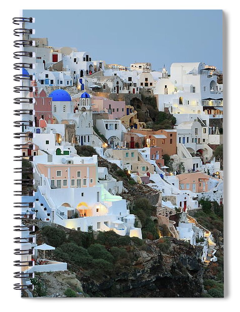 Tranquility Spiral Notebook featuring the photograph Oia City View In Santorini Island by Iñigo Escalante