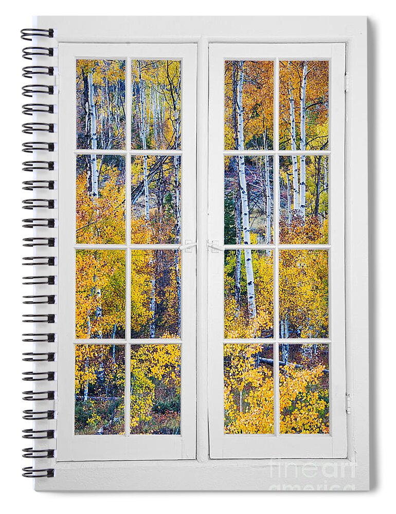 Autumns Spiral Notebook featuring the photograph Old 16 Pane White Window Colorful Fall Aspen View by James BO Insogna