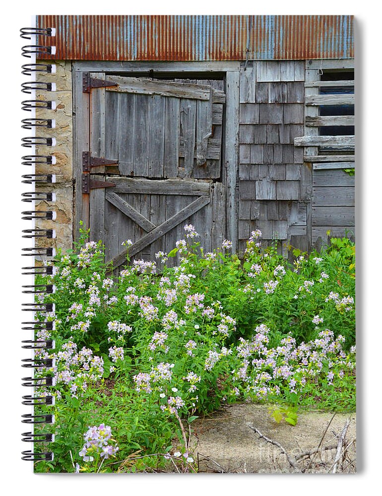 Door Spiral Notebook featuring the photograph Old Door and Wildflowers by Jill Battaglia