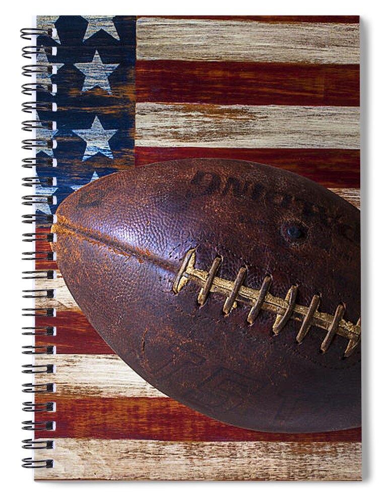 Football Spiral Notebook featuring the photograph Old Football On American Flag by Garry Gay