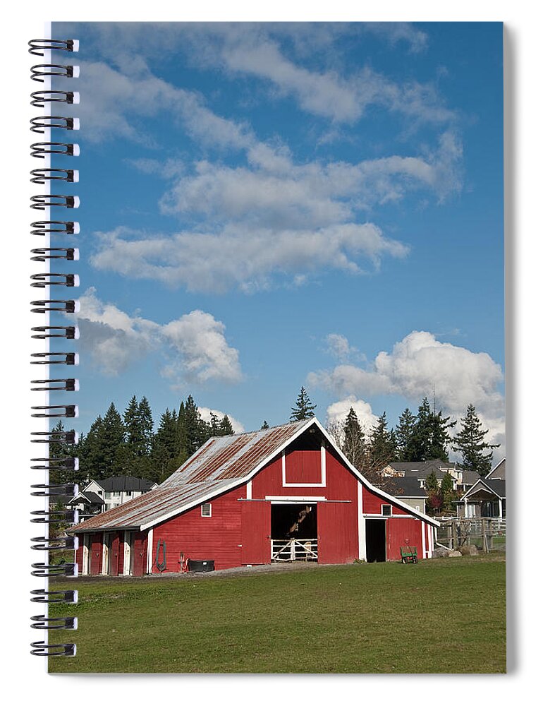 Agricultural Activity Spiral Notebook featuring the photograph Old Red Barn and Puffy Clouds by Jeff Goulden
