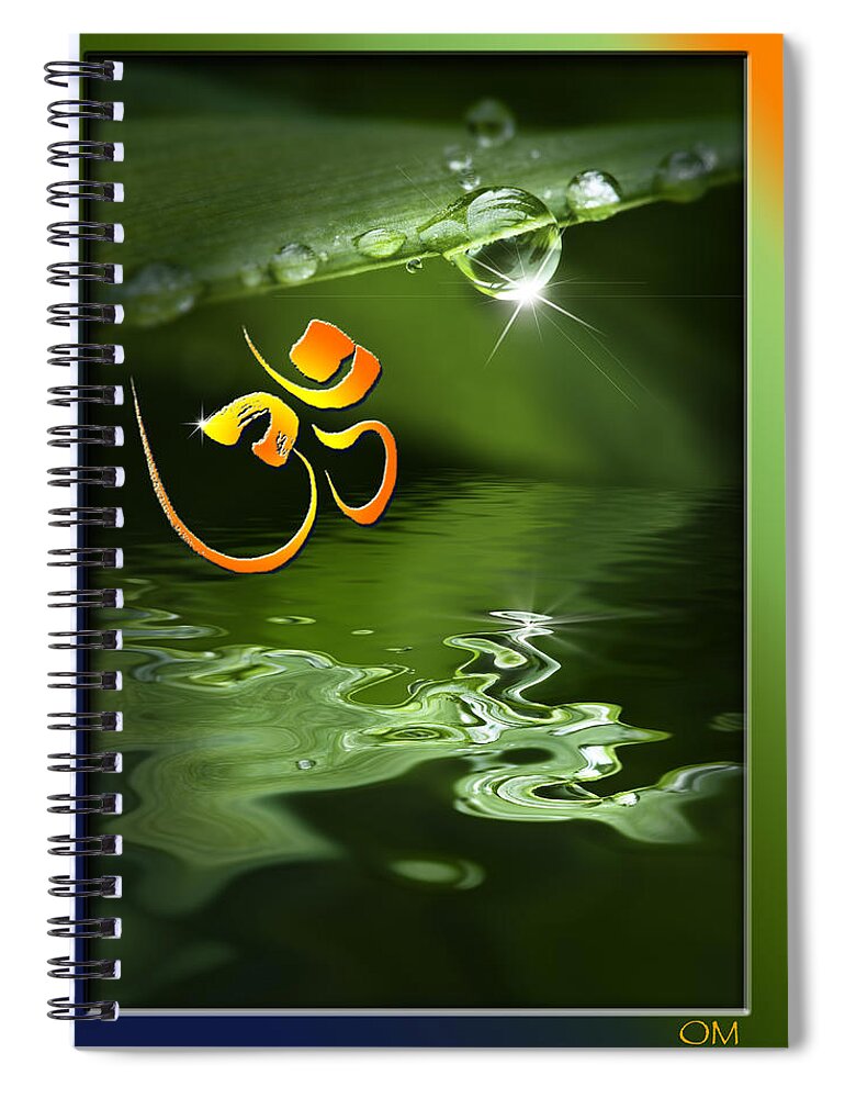 Om Spiral Notebook featuring the mixed media Om on green with dew drop by Peter V Quenter