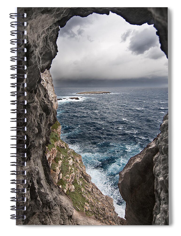 Background Spiral Notebook featuring the photograph A natural window in Minorca north coast discover us an impressive view of sea and sky - Open window by Pedro Cardona Llambias