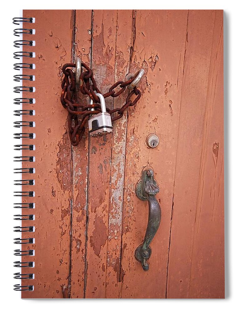 Orange Door Chained Spiral Notebook featuring the painting Orange Door Chained by Michael Thomas
