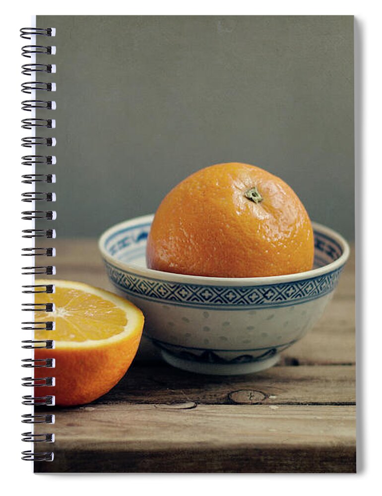 Orange Spiral Notebook featuring the photograph Orange In Chinese Bowl And Half Orange by Copyright Anna Nemoy(xaomena)
