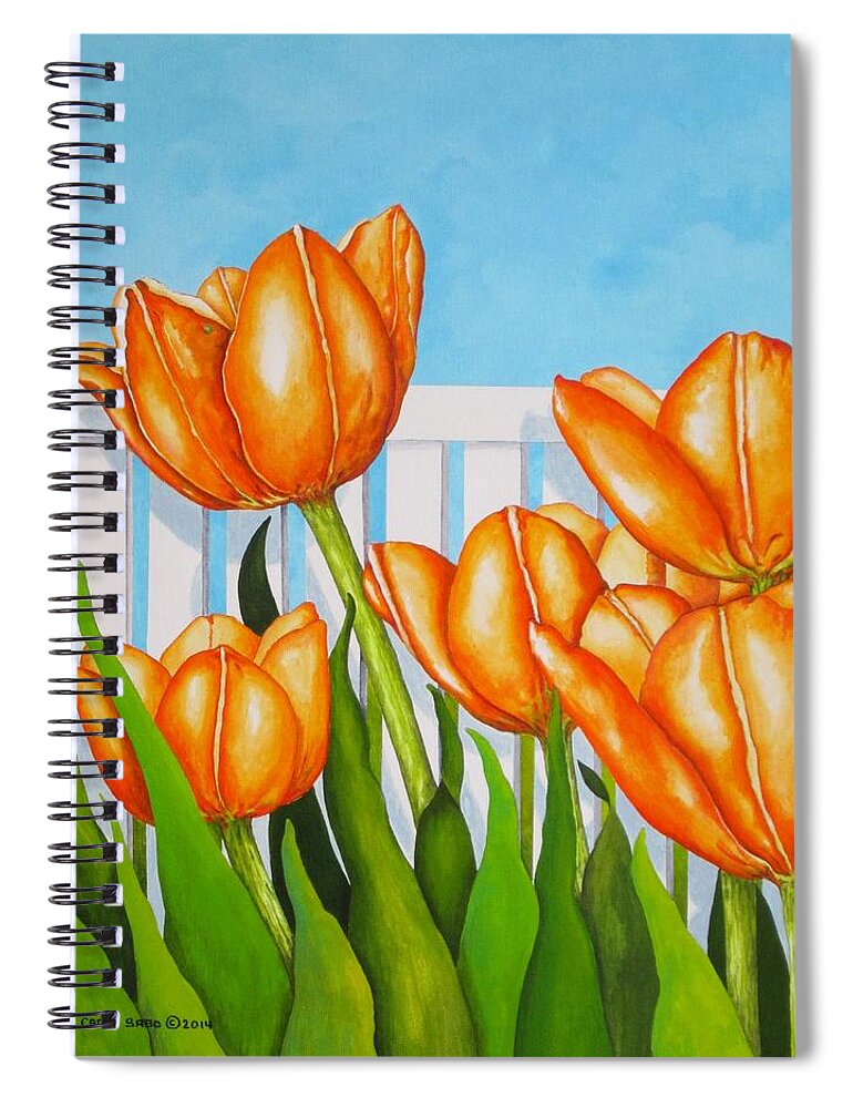 Tulips Spiral Notebook featuring the painting Orange Tulips In My Garden by Carol Sabo
