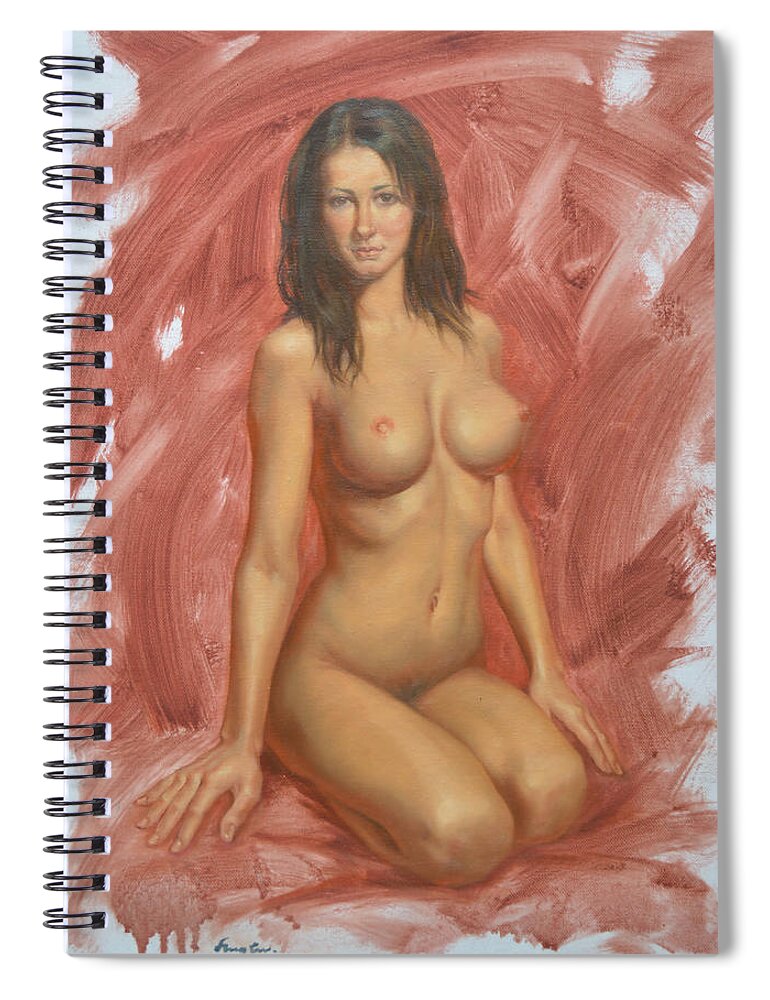 Original Spiral Notebook featuring the painting Original Oil Painting Nude Girl Art Female Nude On Canvas#16-2-6-04 by Hongtao Huang