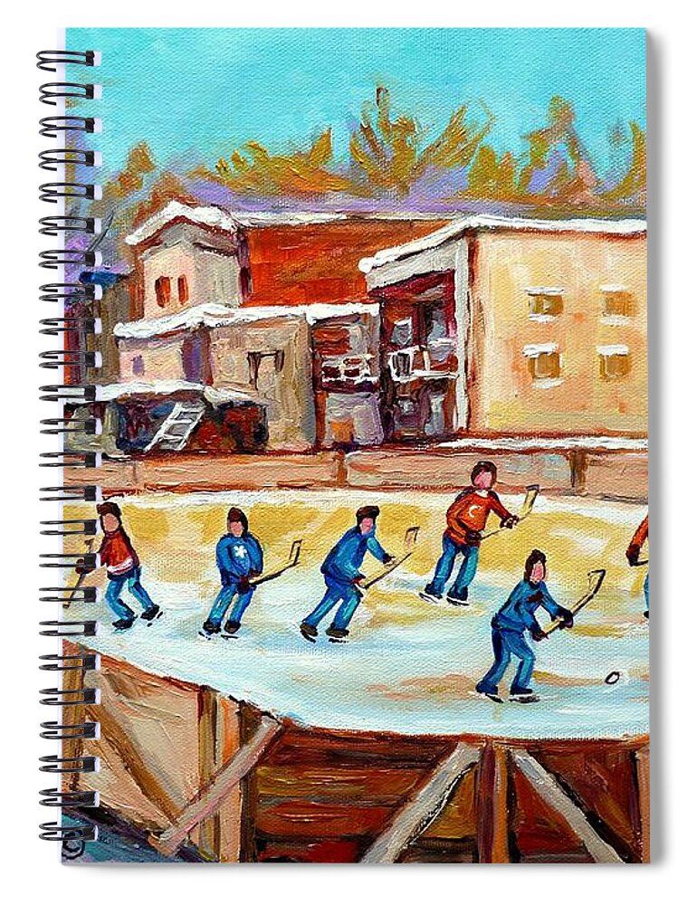 Hockey Spiral Notebook featuring the painting Outdoor Hockey Fun Rink Hockey Game In The City Montreal Memories Paintings Carole Spandau by Carole Spandau