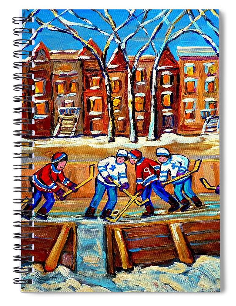 Montreal Spiral Notebook featuring the painting Outdoor Hockey Rink Winter Landscape Canadian Art Montreal Scenes Carole Spandau by Carole Spandau