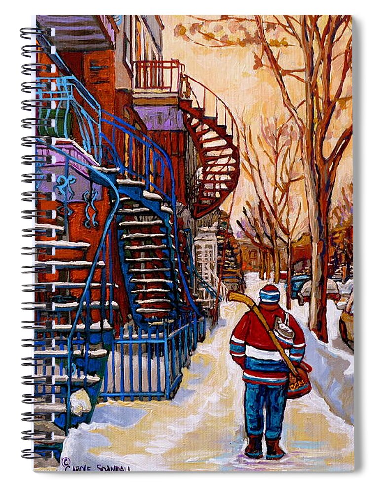 Montreal Spiral Notebook featuring the painting Paintings Of Montreal Beautiful Staircases In Winter Walking Home After The Game By Carole Spandau by Carole Spandau