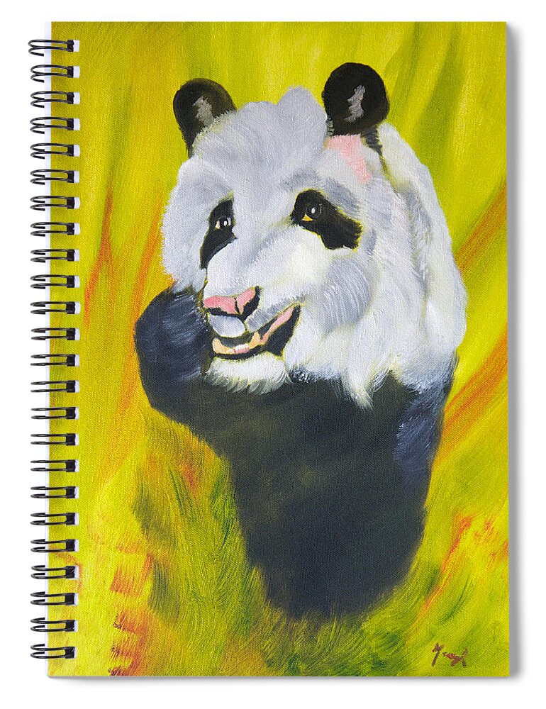 Panda Bear Spiral Notebook featuring the painting Panda-monium by Meryl Goudey