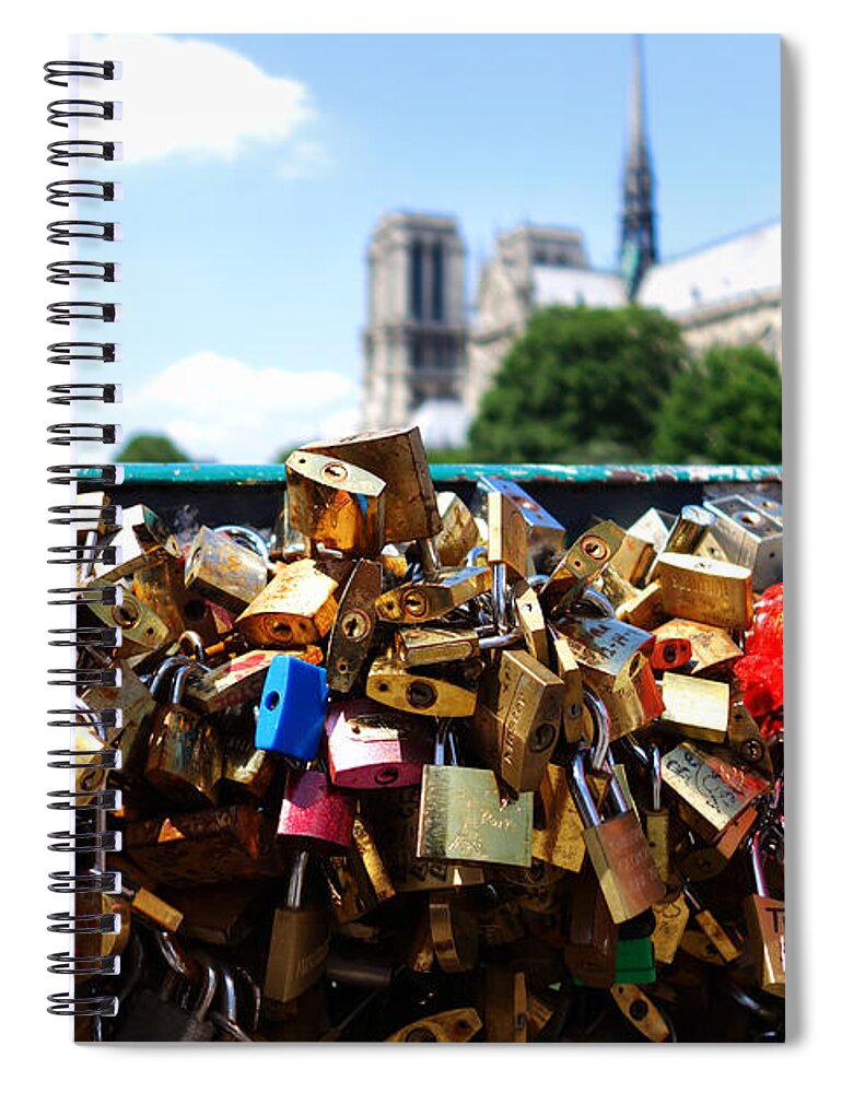 Paris Spiral Notebook featuring the photograph Paris pont des arts Love Locks with Notre Dame in the background by Toby McGuire