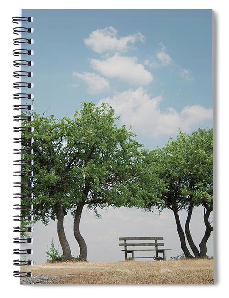 Scenics Spiral Notebook featuring the photograph Park Bench And Trees, Meteora, Greece by Ed Freeman